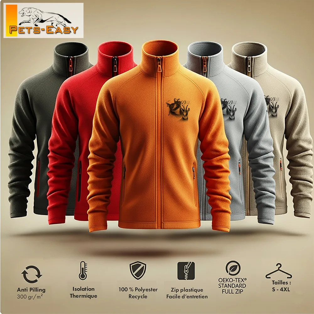Veste polaire homme personnalisée motif chamois, ambiance chasse forêt