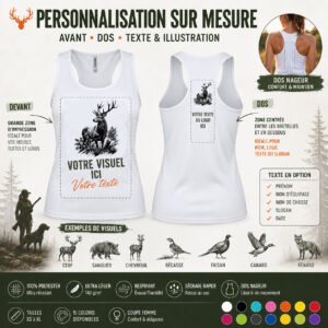 Débardeur de chasse Cerf personnalisé, la planche du modèle : caractéristiques et coloris