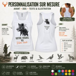Débardeur de chasse Sanglier personnalisé, la planche du modèle : caractéristiques et coloris