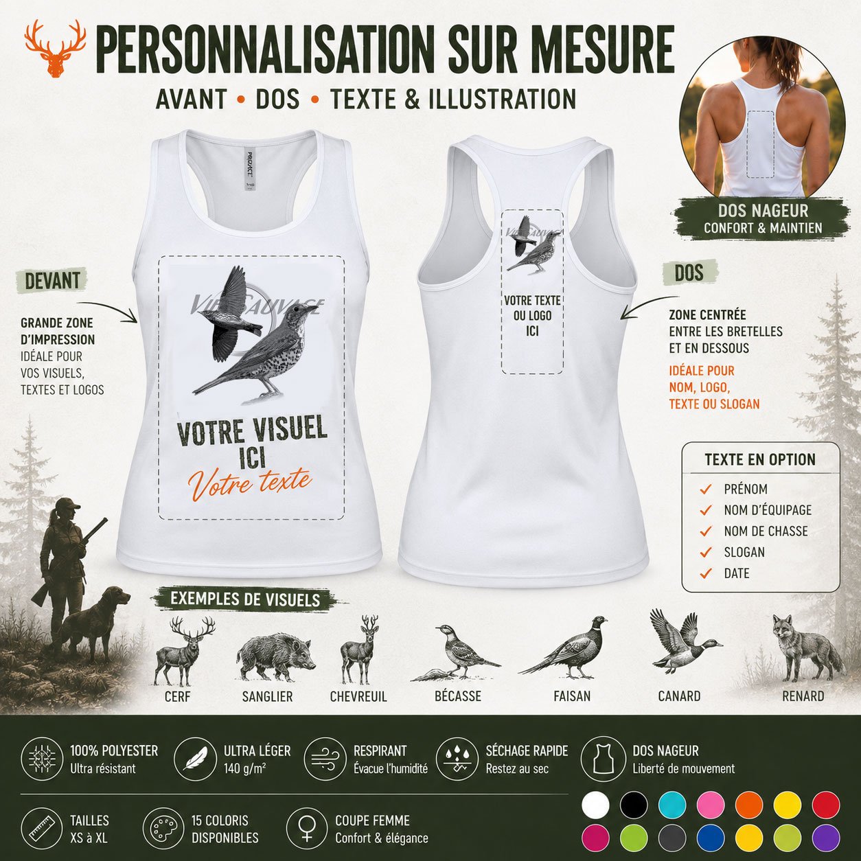 Détail du motif grive imprimé sur le débardeur