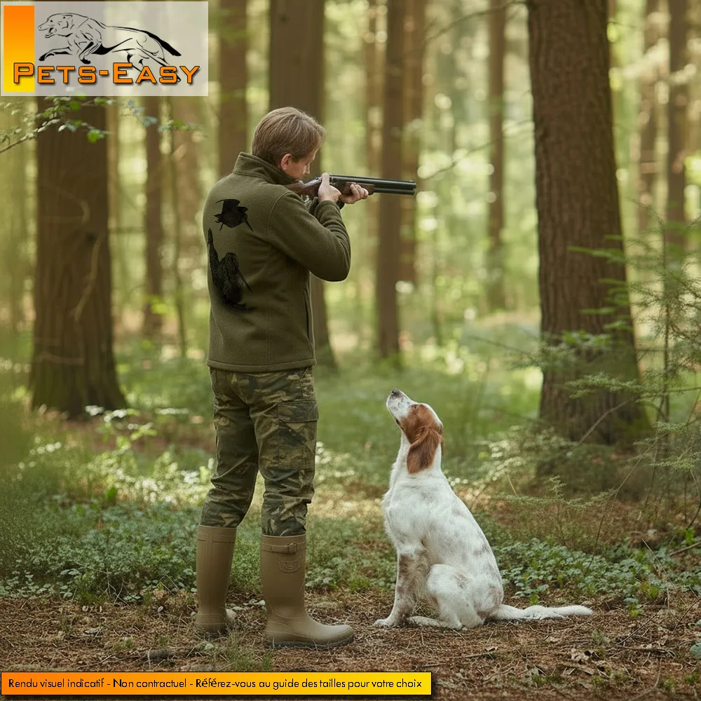 Veste polaire de chasse becasse personnalisee, motif becasse sublime au dos