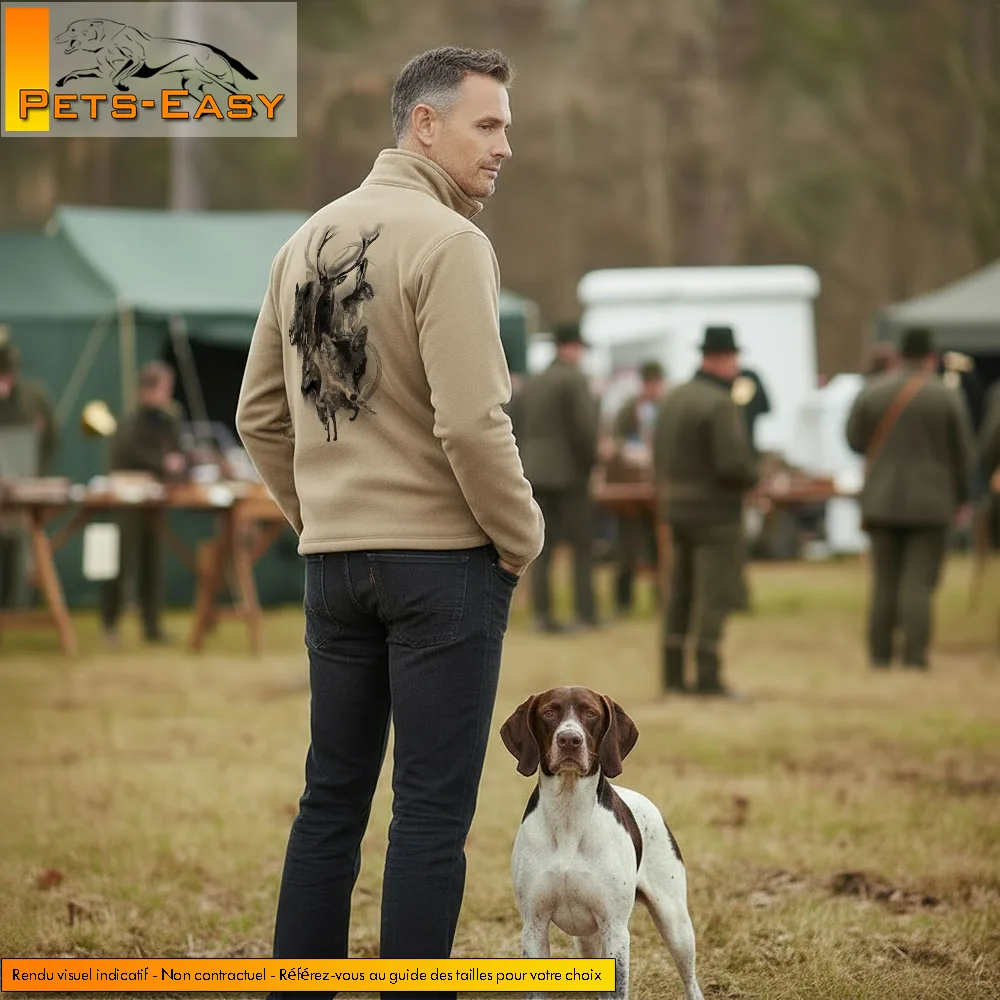 Veste polaire venerie personnalisee, motif chasse a courre sublime au dos