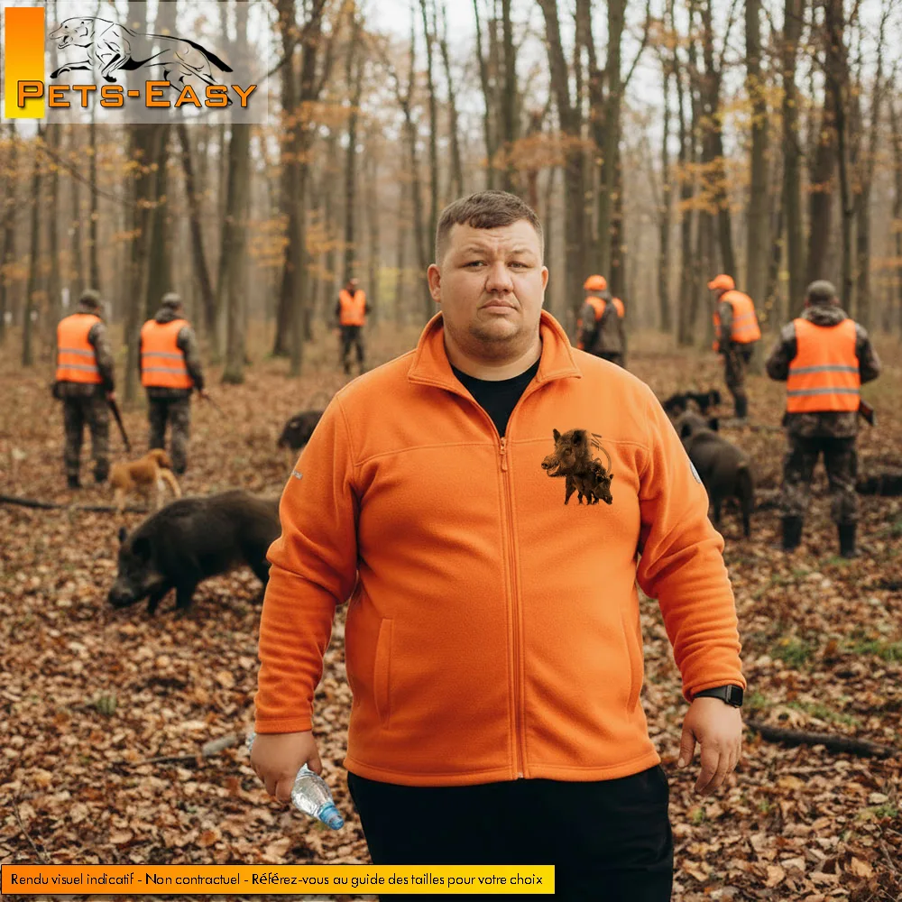 Veste polaire de chasse sanglier personnalisee, motif sanglier sublime au dos