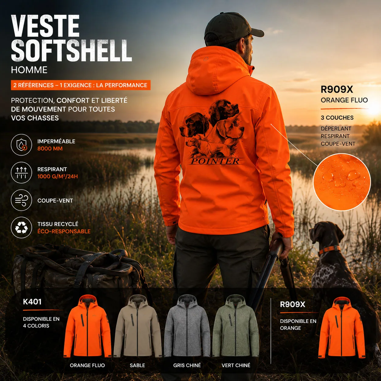 Motif chiens d'arrêt, quatre pointers et le nom de la race, imprimé en grand dans le dos d'une veste softshell de chasse