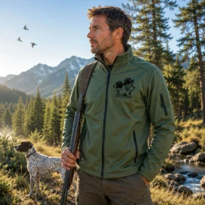 Veste softshell de chasse Chiens d'arrêt personnalisée homme, coloris vert chiné