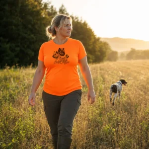 T-shirt de chasse Terriers personnalisé — femme, orange, toutes tailles
