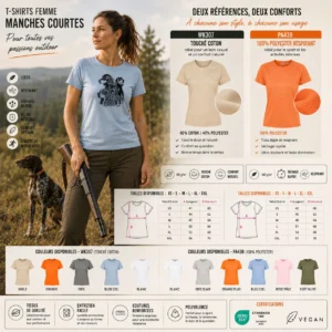 T-shirt de chasse Chiens d'arrêt personnalisé — femme, détail du motif chiens d'arrêt imprimé