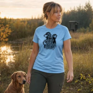 T-shirt de chasse Chiens d'arrêt personnalisé — femme, bleu, toutes tailles