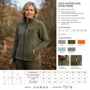 Veste polaire de chasse Chiens courants personnalisée femme, la planche du modèle : caractéristiques et coloris