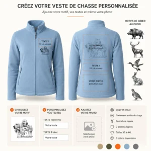 Veste polaire de chasse Chiens courants personnalisée femme, ce qui se personnalise : photo, textes et motif