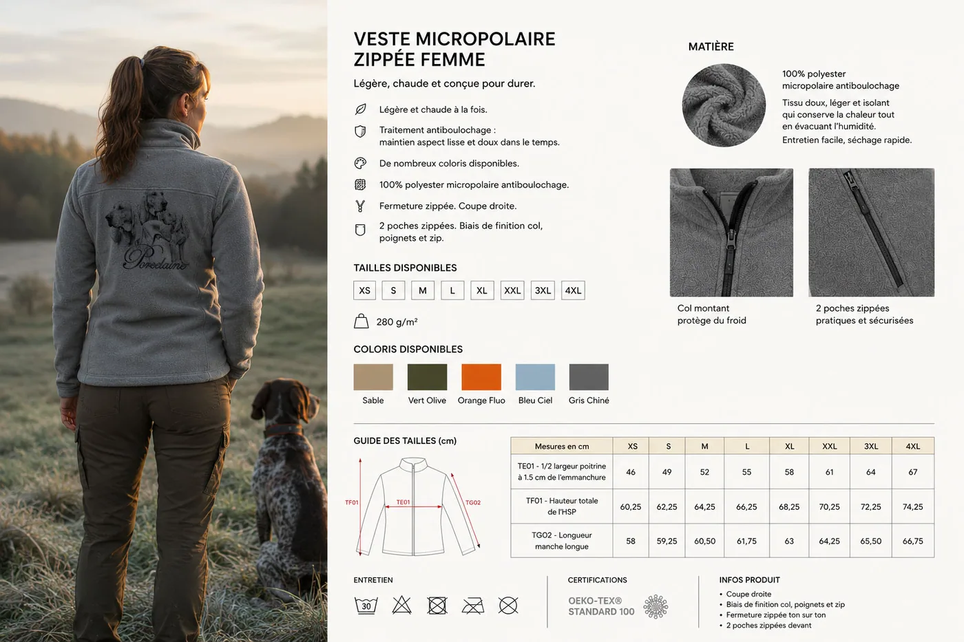 Fiche technique : veste polaire de chasse femme — matière, membrane et guide des tailles