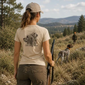 T-shirt de chasse Chiens courants personnalisé — femme, porté en action