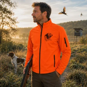 Veste softshell de chasse Chiens courants personnalisée homme, coloris orange fluo