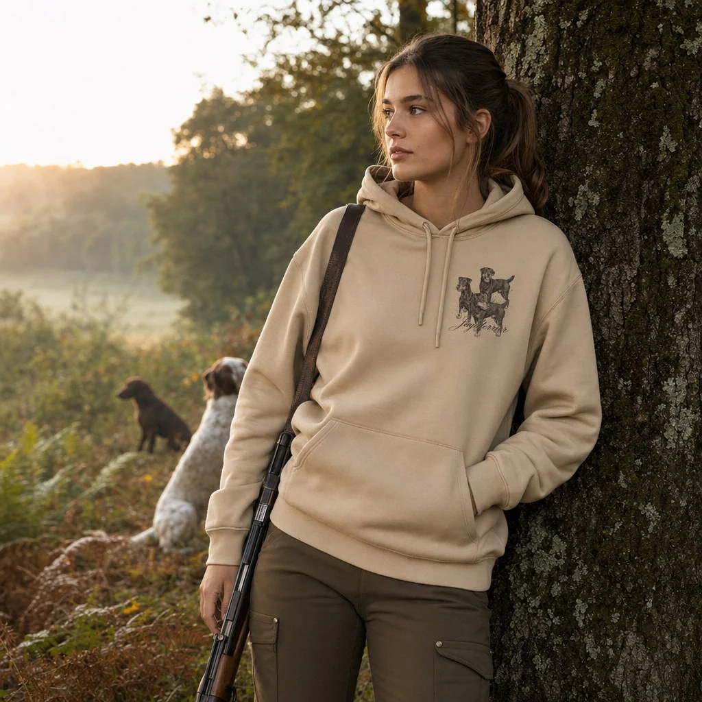 Sweat de chasse femme terriers personnalise, motif terriers + texte au choix