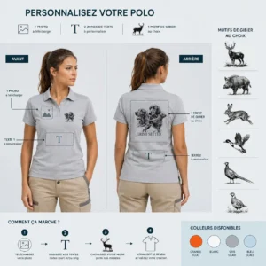 Polo de chasse Chiens d'arrêt personnalisé femme, ce qui se personnalise : photo, deux textes et le motif chiens d'arrêt