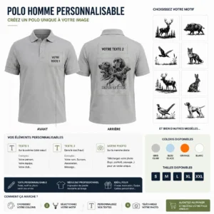Polo de chasse Chiens d'arrêt personnalisé homme, ce qui se personnalise : photo, deux textes et le motif chiens d'arrêt