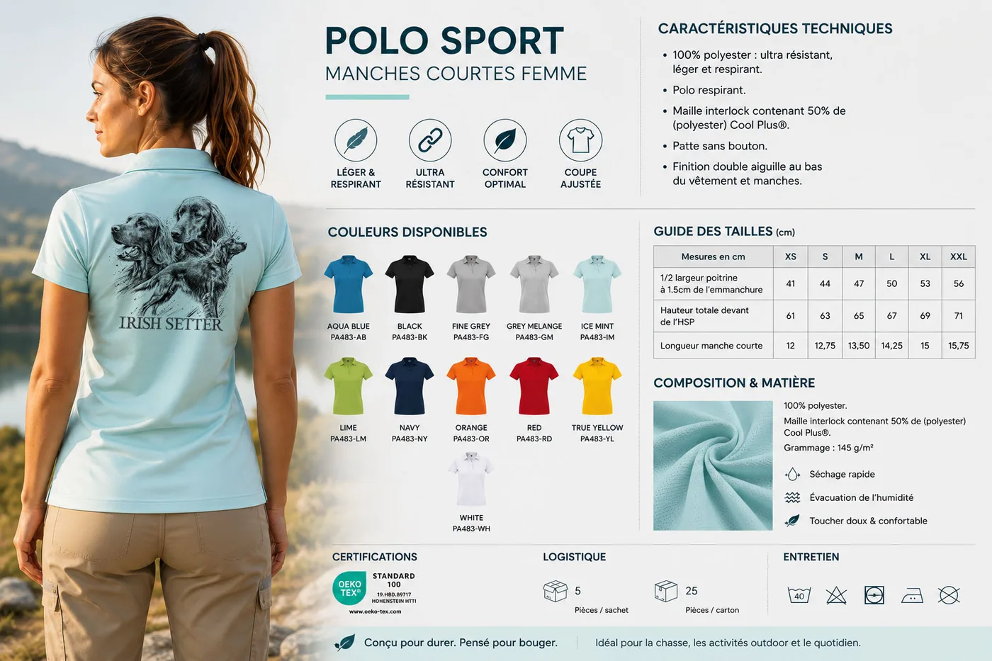 Fiche technique : polo de chasse femme — matière, membrane et guide des tailles