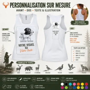 Débardeur de chasse Rapporteurs et leveurs personnalisé, la planche du modèle : caractéristiques et coloris