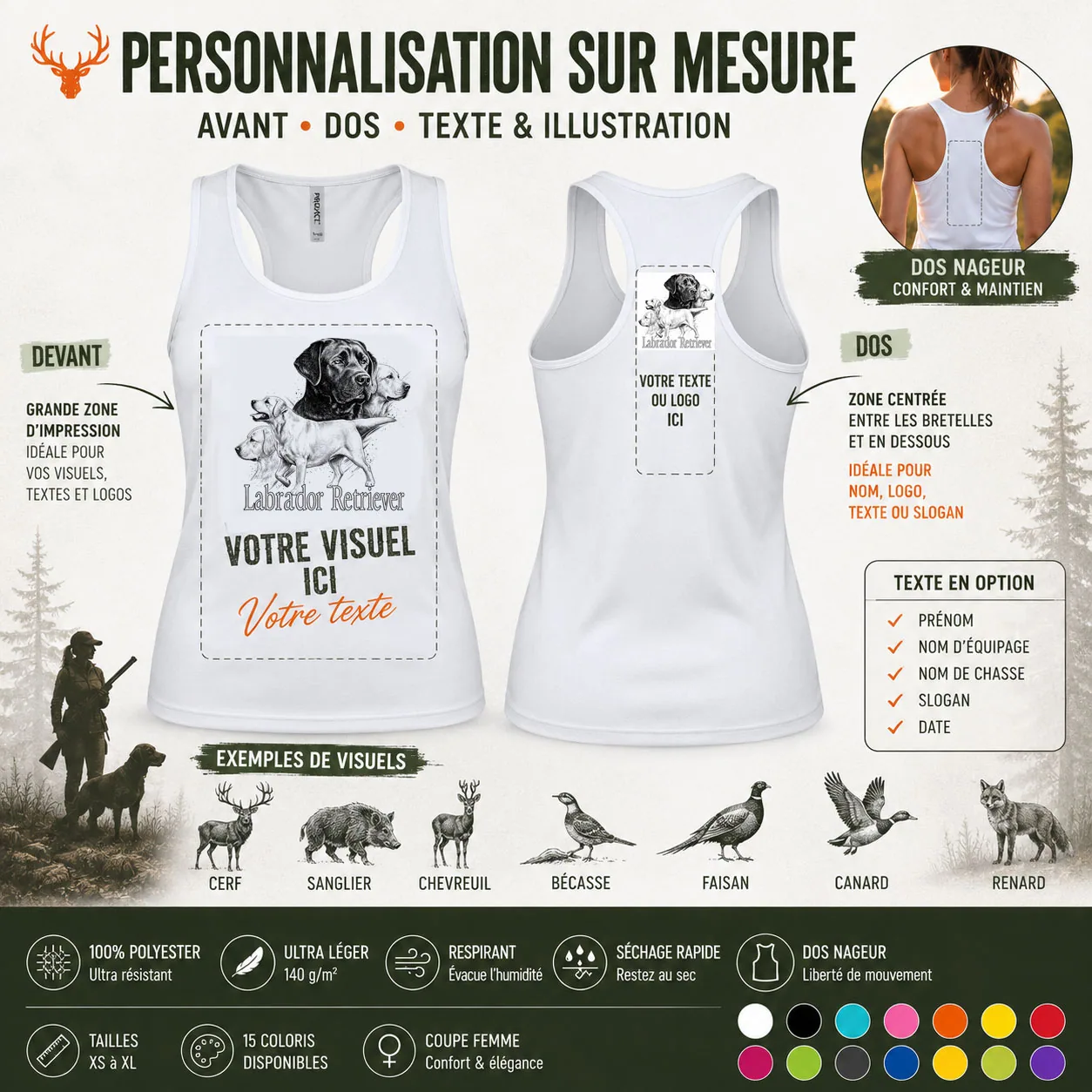 Débardeur de chasse Rapporteurs et leveurs personnalisé, la planche du modèle : caractéristiques et coloris