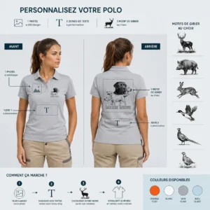 Polo de chasse Rapporteurs et leveurs personnalisé femme, ce qui se personnalise : photo, deux textes et le motif rapporteurs et leveurs