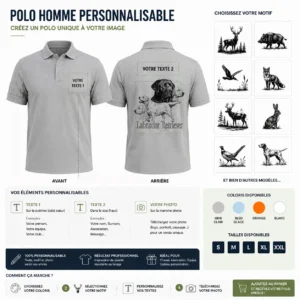Polo de chasse Rapporteurs et leveurs personnalisé homme, ce qui se personnalise : photo, deux textes et le motif rapporteurs et leveurs
