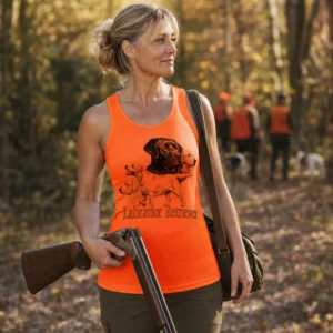Débardeur de chasse Rapporteurs et leveurs personnalisé, coloris orange, porté en taille M