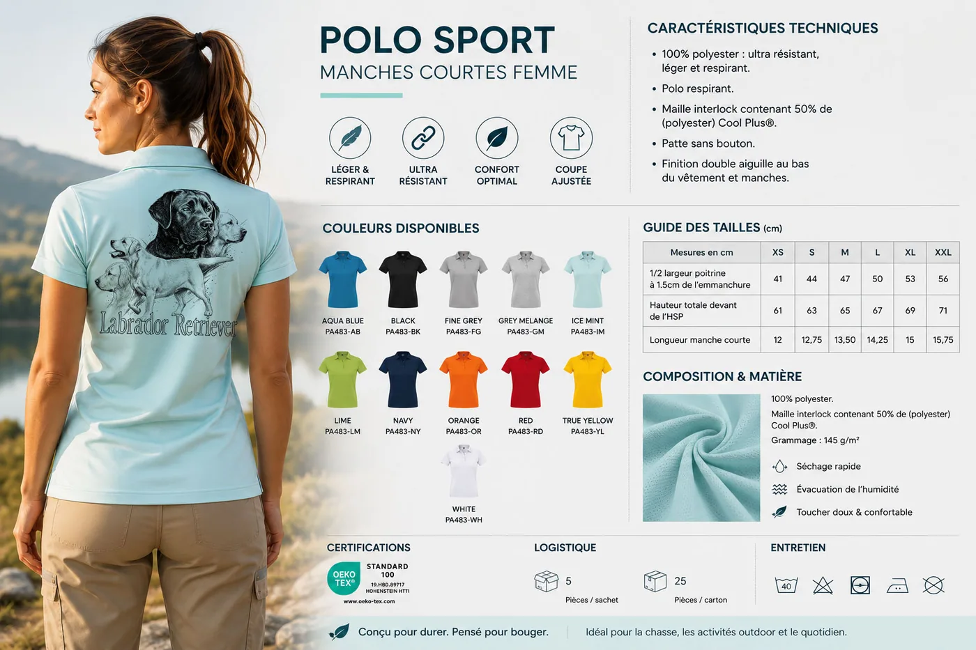 Fiche technique : polo de chasse femme — matière, membrane et guide des tailles