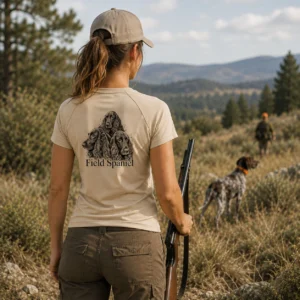 T-shirt de chasse Rapporteurs et leveurs personnalisé — femme, porté en action