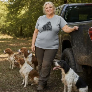 T-shirt de chasse Rapporteurs et leveurs personnalisé — femme, gris, toutes tailles