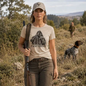 T-shirt de chasse Rapporteurs et leveurs personnalisé — femme, motif rapporteurs et leveurs + texte au choix