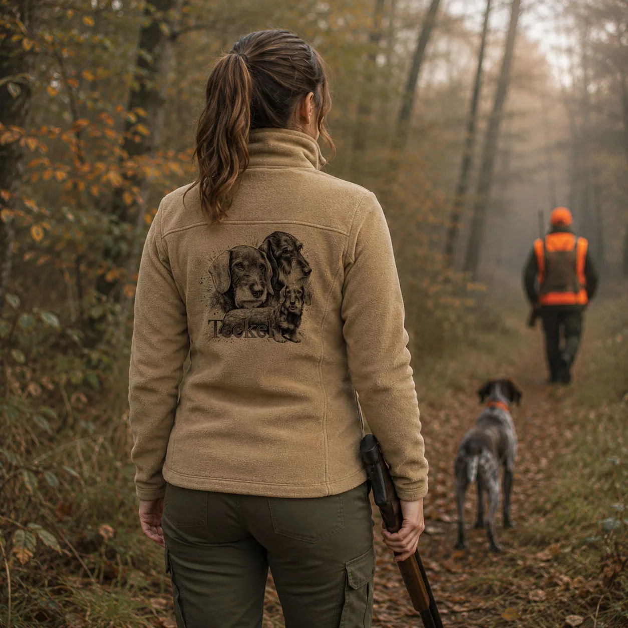 Motif teckels, trois teckels à poil dur et le mot Teckel, imprimé dans le dos d'une veste polaire de chasse femme