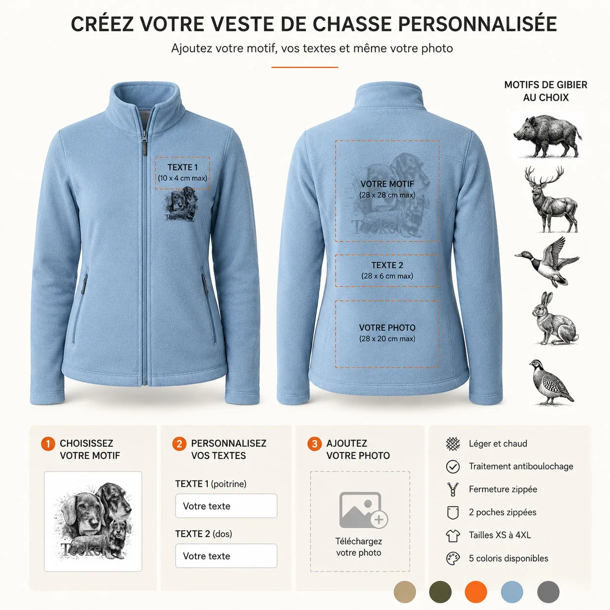 Veste polaire de chasse Teckels personnalisée femme, ce qui se personnalise : photo, textes et motif