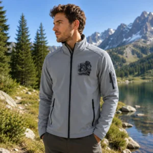 Veste softshell de chasse Teckels personnalisée homme, coloris gris chiné