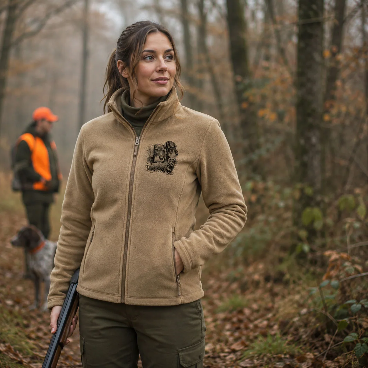 Veste polaire de chasse Teckels personnalisée femme, motif teckels et texte au choix
