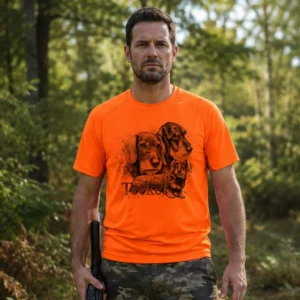 T-shirt de chasse Teckels personnalisé, motif teckels + texte au choix