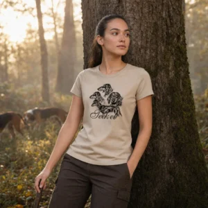 T-shirt de chasse Teckels personnalisé — femme, beige, toutes tailles