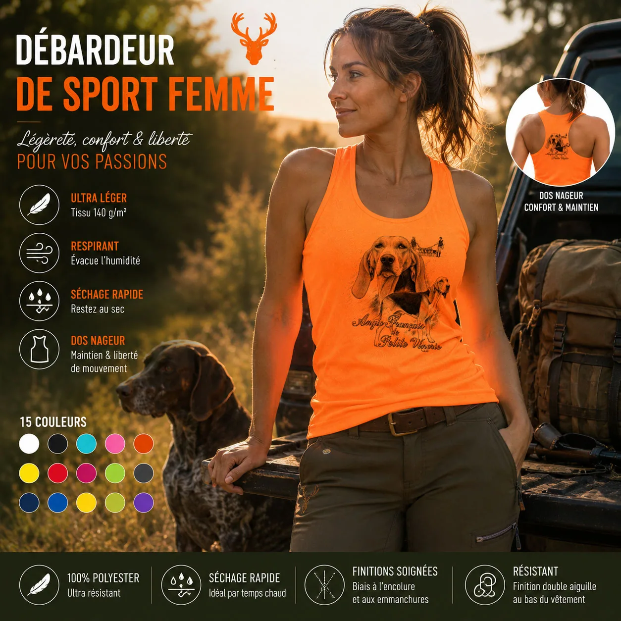 Débardeur de chasse Chiens courants personnalisé, porté en action