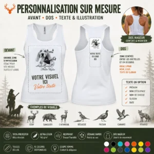 Débardeur de chasse Chiens courants personnalisé, la planche du modèle : caractéristiques et coloris