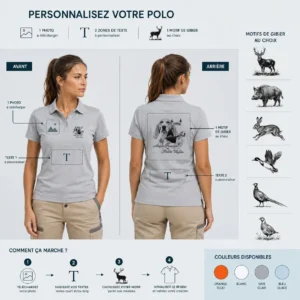 Polo de chasse Chiens courants personnalisé femme, ce qui se personnalise : photo, deux textes et le motif chiens courants