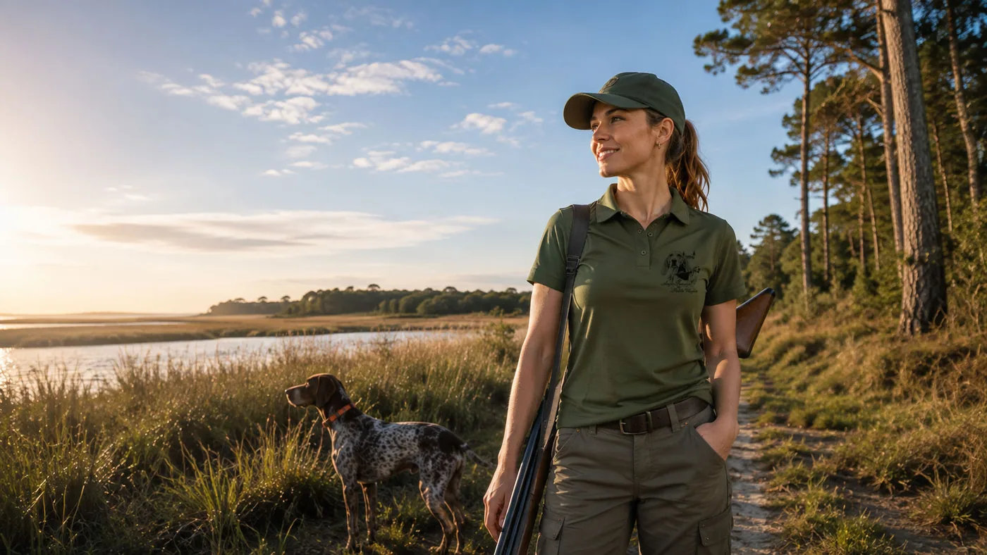 Polo de chasse chiens courants porté au rendez-vous, la meute au pied