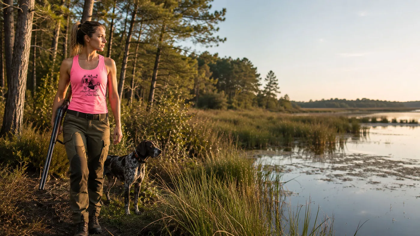 Débardeur de chasse chiens courants porté au rendez-vous, la meute au pied