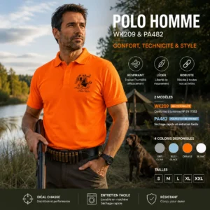 Polo de chasse Chiens courants personnalisé homme, motif chiens courants et texte au choix