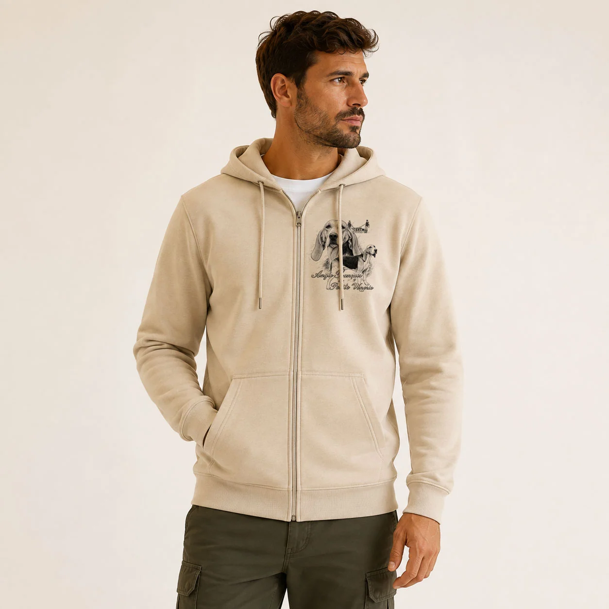Sweat de chasse homme chiens courants personnalise, motif chiens courants + texte au choix