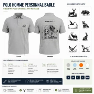 Polo de chasse Terriers personnalisé homme, ce qui se personnalise : photo, deux textes et le motif terriers