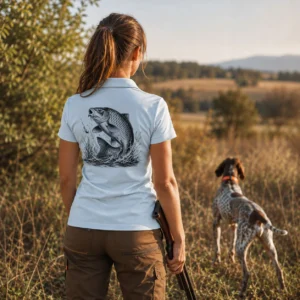 Polo de pêche Carpe personnalisé femme, porté en action
