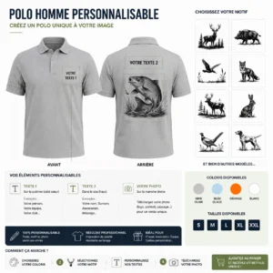 Polo de pêche Carpe personnalisé homme, ce qui se personnalise : photo, deux textes et le motif carpe