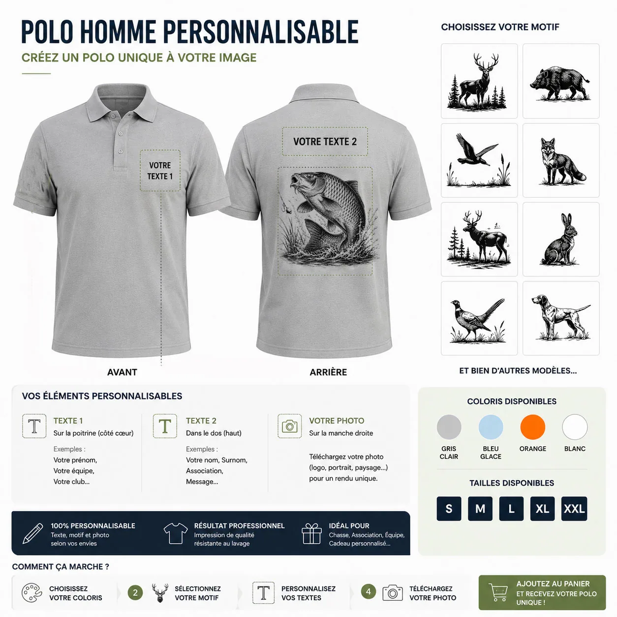 Ce qui se personnalise sur le polo de pêche homme : une photo et un texte devant, le motif carpe et un texte au dos