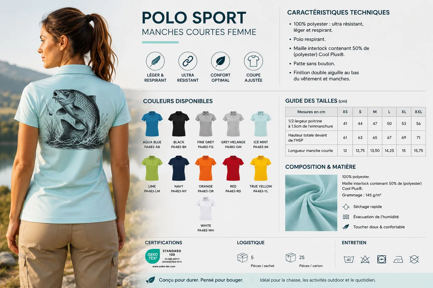 Fiche technique : polo de pêche femme — matière, membrane et guide des tailles