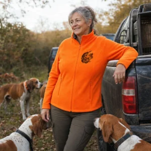 Veste polaire de pêche Brochet personnalisée femme, coloris orange fluo