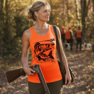 Débardeur de pêche Sandre personnalisé, coloris orange, porté en taille M